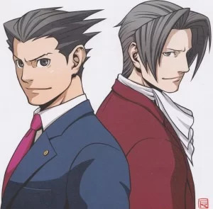 Phenix Wright na direita. Miles Edgeworth na esquerda