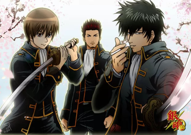 Os principais personagens do Shinsengumi que dão as caras na trama da esquerda para direita: Capitão Okita Sogo, Comandante Kondo Isao e o Vice-Comandante Hijikata Toushirou.