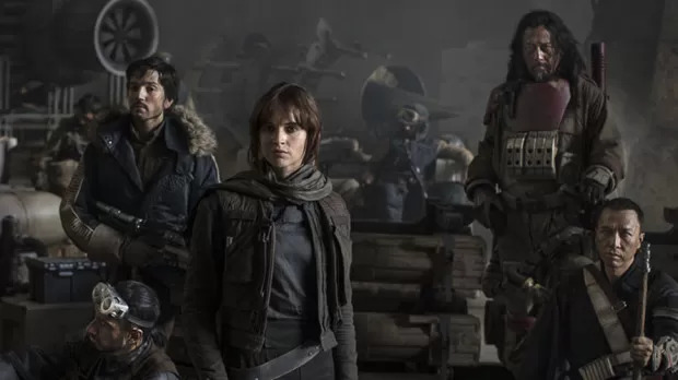 Star Wars: Rogue One L to R: Actors Riz Ahmed, Diego Luna, Felicity Jones, Jiang Wen and Donnie Yen Photo Credit: Jonathan Olley ©Lucasfilm 2016