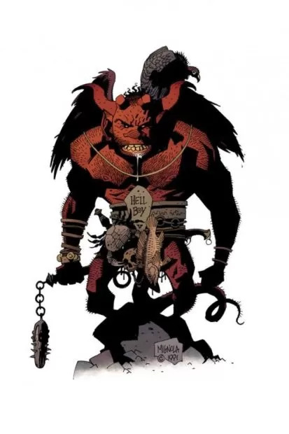 Versão colorizada da primeira versão de Hellboy por Mike Mignola.