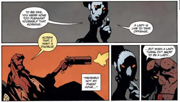 Hellboy parece um pedaço de madeira segurando uma arma nessa página do vol.9 de "Hellboy no Inferno"