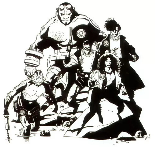 Originalmente, Hellboy seria membro de um supergrupo. Perceba que ele teria um braço esquerdo de metal, no PIOR estilo Cable! Ainda bem que o Mignola desistiu disso...