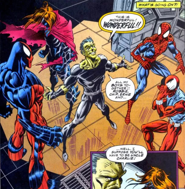 O Chacal ao lado do Homem-Aranha e seus clones. Não, esta imagem não está na história. Só coloquei aqui pra molecada mais nova dar uma olhada no cabaré que era essa Saga do Clone.