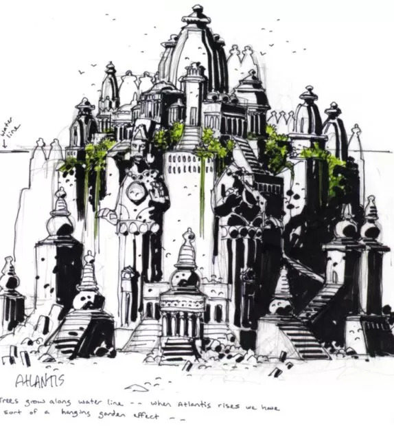 O visual de Atlantis para a animação homônima da Disney por Mike Mignola. O visual tem muito do que é visto em O Mundo de Krypton.